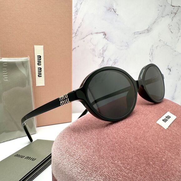 MIU MIU Sunglasses New Black Acetate Slim Round Gold Metal Logo Authentic Women - Picture 1 of 16